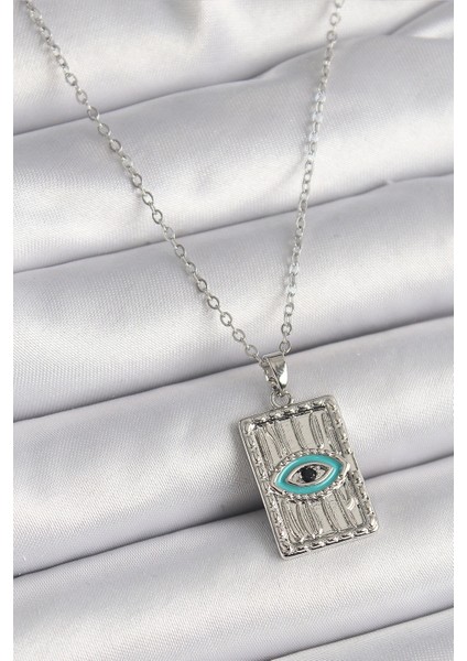 316L Çelik Gümüş Renk Zirkon Taşlı Göz Işleme Detaylı Plaka Model Kadın Kolye