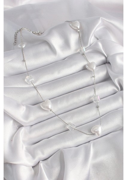 Pirinç Gümüş Renk Beyaz Inci Kalp Model Kadın Kolye fiyatları