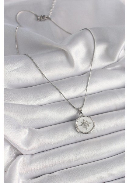 316L Çelik Gümüş Renk Zincir Beyaz Sedefli Zirkon Taşlı Yıldız Işleme Model Kadın Kolye fiyatları