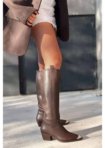 Leroys Mat Deri Acı Kahve Kadın Kovboy Çizme