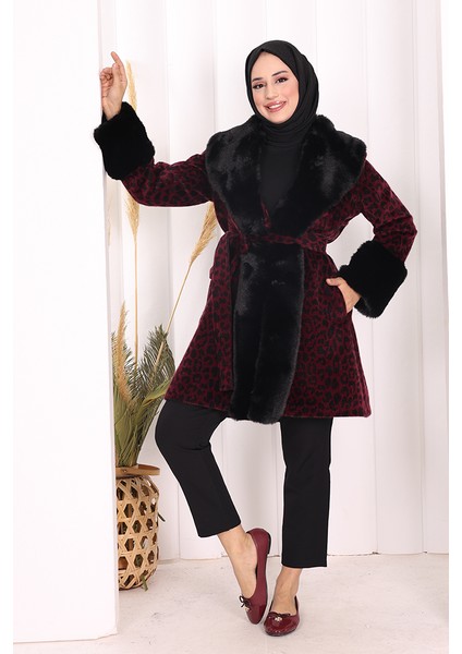Leopar Kürklü Kaban 70062-1 Bordo