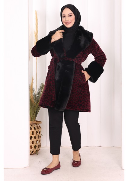 Leopar Kürklü Kaban 70062-1 Bordo fiyatları