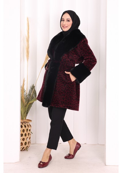 Leopar Kürklü Kaban 70062-1 Bordo modelleri