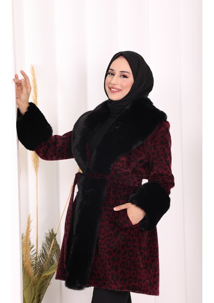Leopar Kürklü Kaban 70062-1 Bordo indirimleri