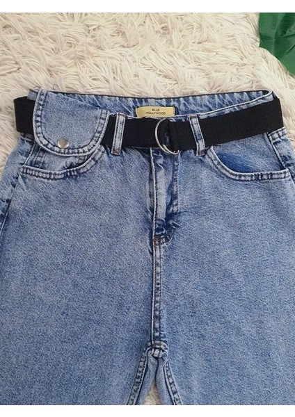 Metal Tokalı Kemerli Çıt Çıt Detaylı Kot Pantolon -Açık Mavi fiyatları