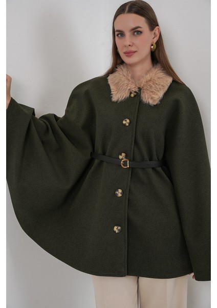 Kadın Kemerli Kaşe Panço 9165 - Haki