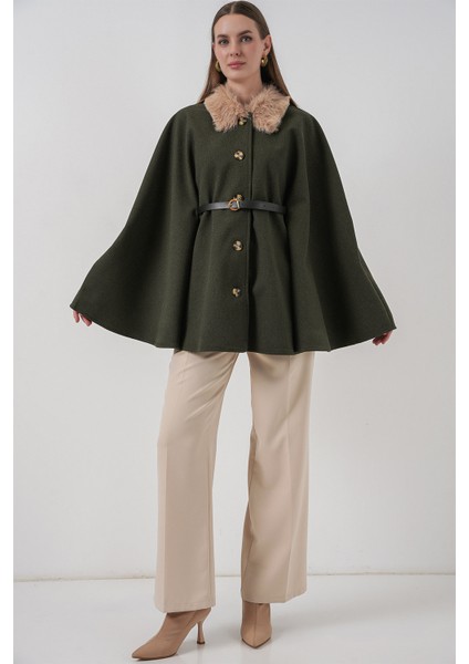 Kadın Kemerli Kaşe Panço 9165 - Haki fiyatları