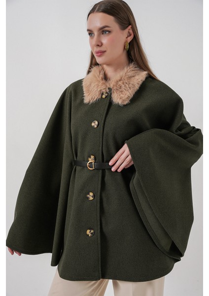 Kadın Kemerli Kaşe Panço 9165 - Haki modelleri