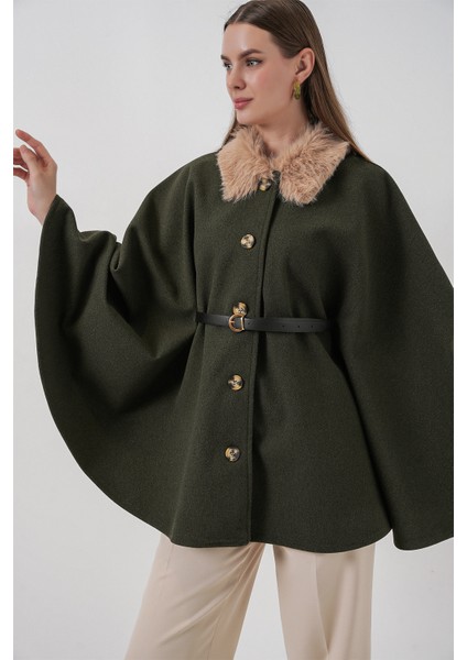 Kadın Kemerli Kaşe Panço 9165 - Haki fırsatları