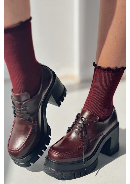 Sapetos Kalın Taban Topuklu Kadın Loafer Bordo Mat Rugan