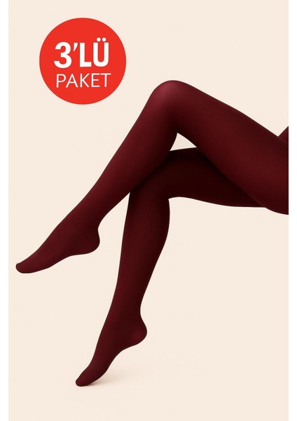 Kadın 3'lü Paket Bordo Külotlu Çorap Orta Kalın Mus Micro 40 Den Opak Mat Pantyhose