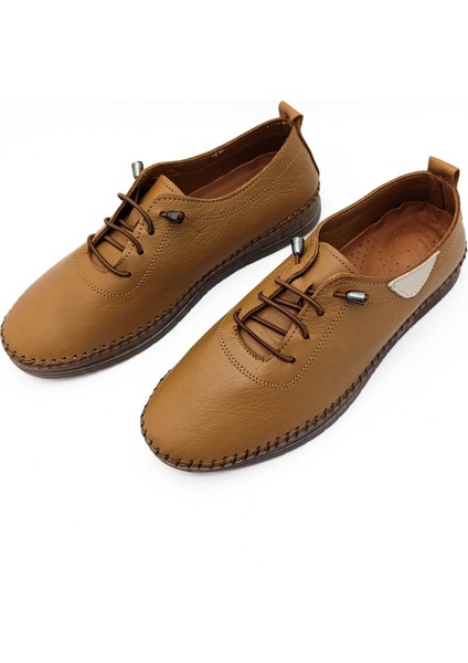 Hakiki Deri Taba Renk Ortopedik Düz Taban Kadın Babet Ayakkabı