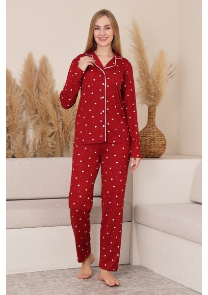 Kadın %100 Pamuk Milan Soft Pijama Takımı-Pat Yakalı-Boydan DÜĞMELI-DESENLI-12422
