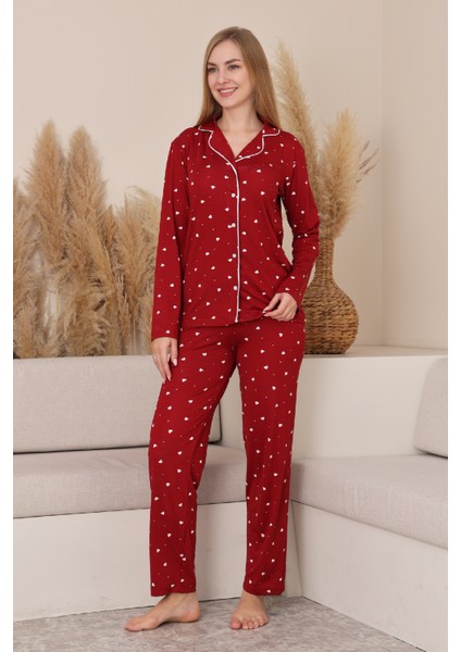 Kadın %100 Pamuk Milan Soft Pijama Takımı-Pat Yakalı-Boydan DÜĞMELI-DESENLI-12422 modelleri