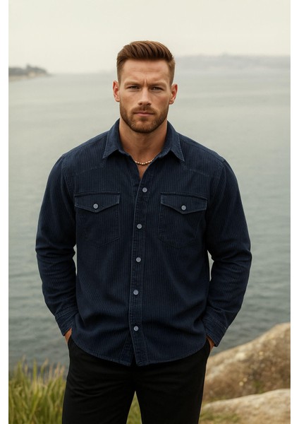 Erkek Rahat Kesim Esnek Lacivert Jean Gömlek