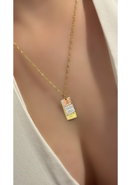 Altın Kaplama Arapça Allah Lafzı ve Dualı Kolye - Ayetel Kürsi - Nazar Dualı Kolye 925 Ayar Gümüş