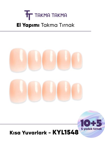 15'li Ten Rengi Kısa Yuvarlark KYL1548 Tekrar Kullanılabilir El Yapımı Protez Takma Tırnak - Ten Rengi-XS