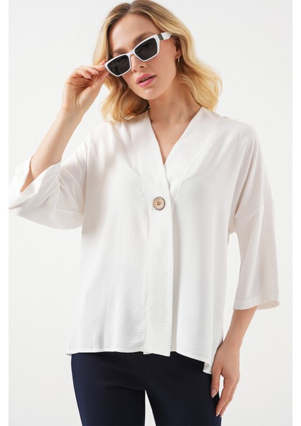 Kadın Kısa Kol Oversize Kimono 5969 - Beyaz