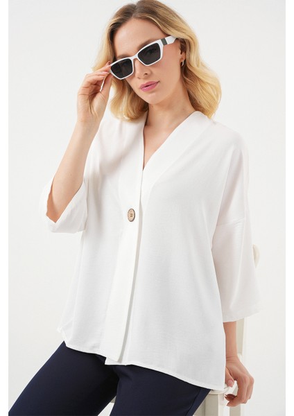 Kadın Kısa Kol Oversize Kimono 5969 - Beyaz modelleri