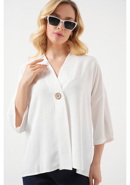 Kadın Kısa Kol Oversize Kimono 5969 - Beyaz fırsatları