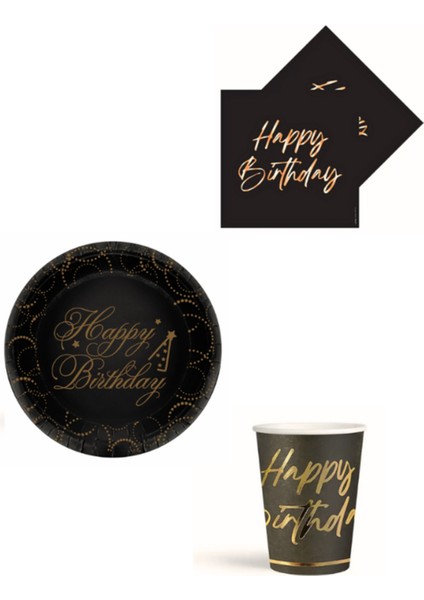 Doğum Günü, Happy Birthday Tabak, Bardak ve Peçete Seti Siyah Renk