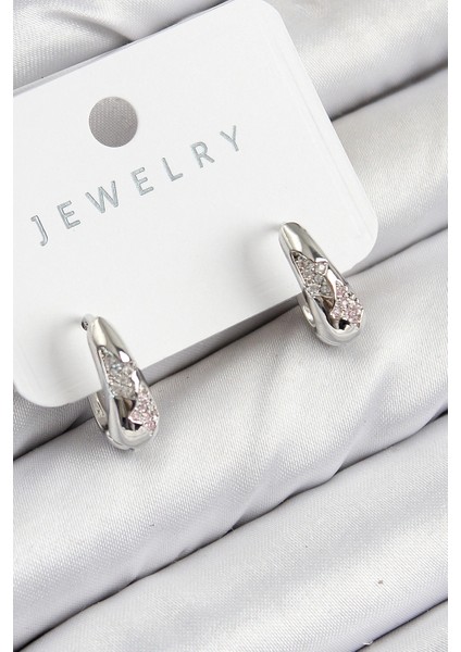 Pirinç Zirkon Taş Desenli Model Gümüş Renk Kadın Küpe