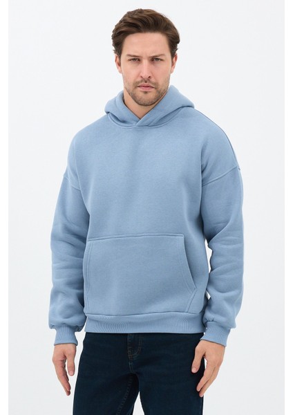 Erkek Oversize Pamuklu Kanguru Cepli 3 Iplik Basic Kapüşonlu Sweatshirt Mavi - Xl fiyatları