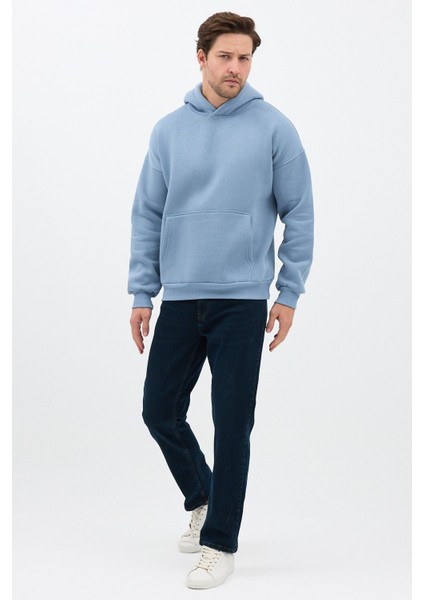 Erkek Oversize Pamuklu Kanguru Cepli 3 Iplik Basic Kapüşonlu Sweatshirt Mavi - Xl modelleri