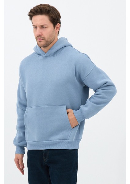 Erkek Oversize Pamuklu Kanguru Cepli 3 Iplik Basic Kapüşonlu Sweatshirt Mavi - Xl fırsatları