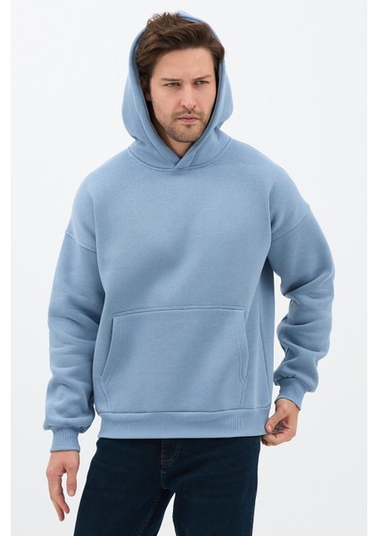 Erkek Oversize Pamuklu Kanguru Cepli 3 Iplik Basic Kapüşonlu Sweatshirt Mavi - Xl indirimleri