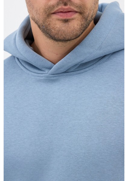 Erkek Oversize Pamuklu Kanguru Cepli 3 Iplik Basic Kapüşonlu Sweatshirt Mavi - Xl
