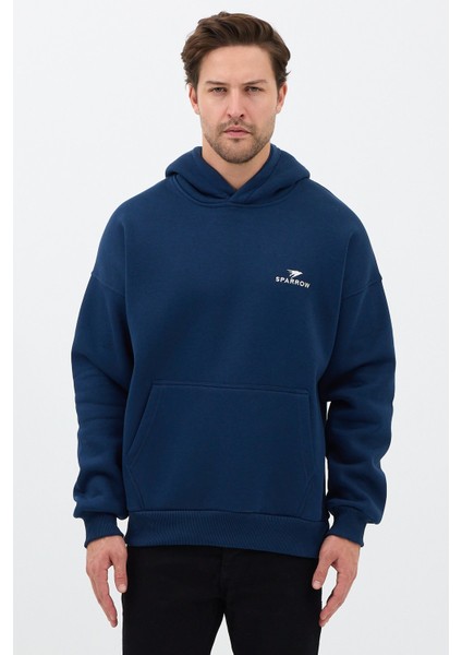 Erkek Oversize Pamuklu Kanguru Cepli Basic 3 Iplik Nakışlı Kapüşonlu Sweatshirt Lacivert - Xl