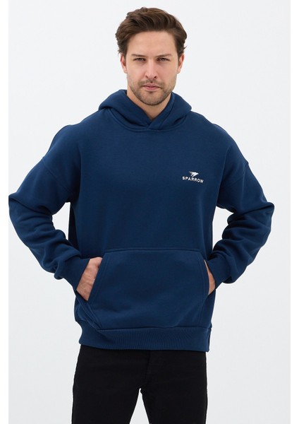 Erkek Oversize Pamuklu Kanguru Cepli Basic 3 Iplik Nakışlı Kapüşonlu Sweatshirt Lacivert - Xl fiyatları