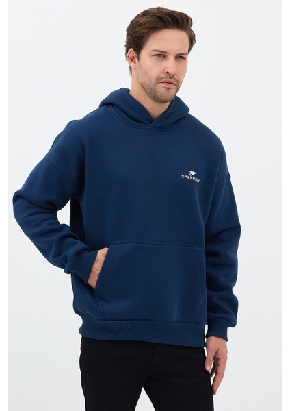 Erkek Oversize Pamuklu Kanguru Cepli Basic 3 Iplik Nakışlı Kapüşonlu Sweatshirt Lacivert - Xl modelleri