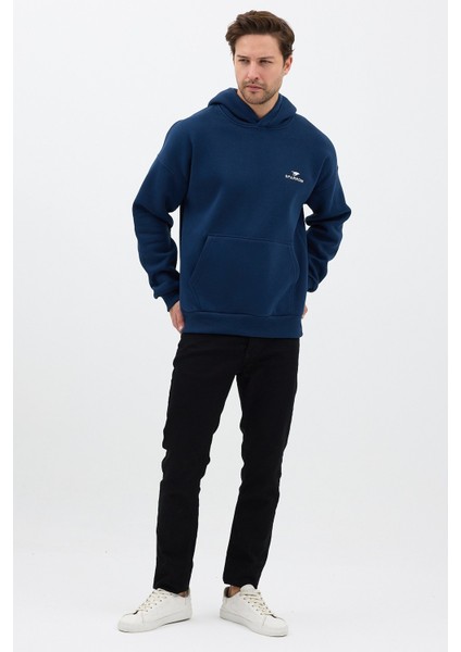 Erkek Oversize Pamuklu Kanguru Cepli Basic 3 Iplik Nakışlı Kapüşonlu Sweatshirt Lacivert - Xl fırsatları