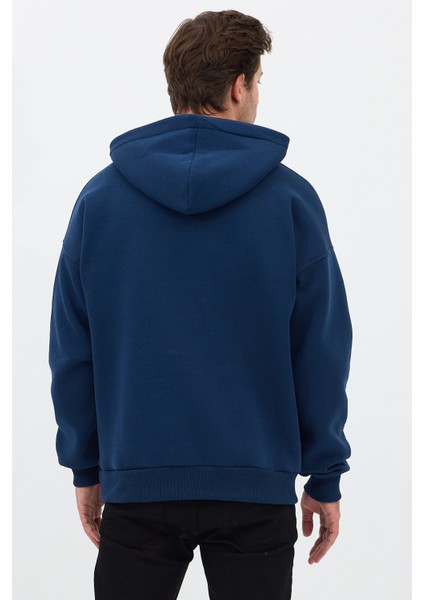 Erkek Oversize Pamuklu Kanguru Cepli Basic 3 Iplik Nakışlı Kapüşonlu Sweatshirt Lacivert - Xl indirimleri