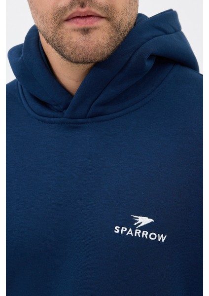 Erkek Oversize Pamuklu Kanguru Cepli Basic 3 Iplik Nakışlı Kapüşonlu Sweatshirt Lacivert - Xl