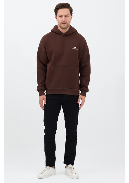 Erkek Oversize Pamuklu Kanguru Cepli Basic 3 Iplik Nakışlı Kapüşonlu Sweatshirt Kahverengi - M fırsatları