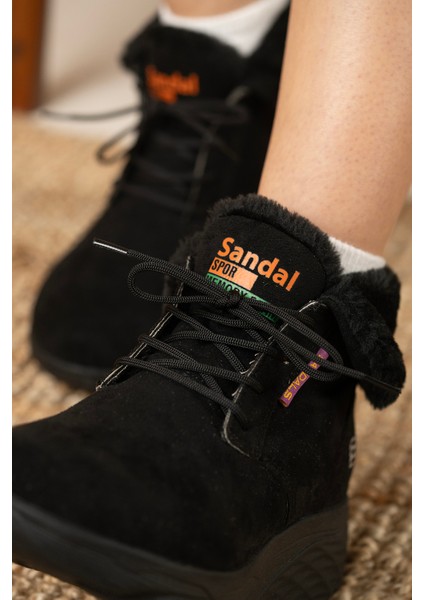 Kadın Süet Kürklü Kısa Spor Bot SS001-0478 Siyah fırsatları