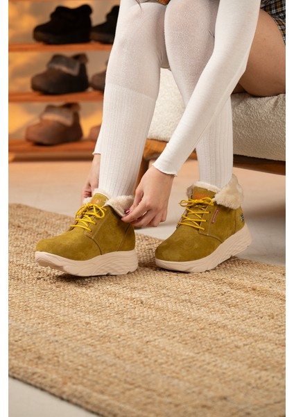 Kadın Süet Kürklü Kısa Spor Bot SS001-0478 Hardal fırsatları