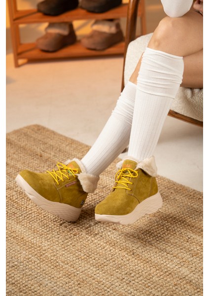 Kadın Süet Kürklü Kısa Spor Bot SS001-0478 Hardal indirimleri