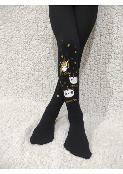 Tek Boynuzlu At Partisi Orta Kalın Mus Kız Çocuk Külotlu Çorap-Unıcorn Party Siyah Külotlu Çorap
