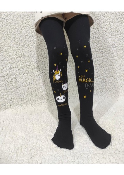 Tek Boynuzlu At Partisi Orta Kalın Mus Kız Çocuk Külotlu Çorap-Unıcorn Party Siyah Külotlu Çorap modelleri