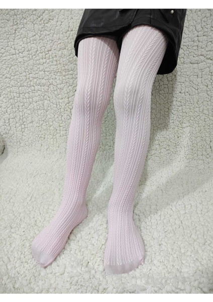 Pembe Örgü Desenli Kız Çocuk Orta Kalın Mevsimli Külotlu Çorap