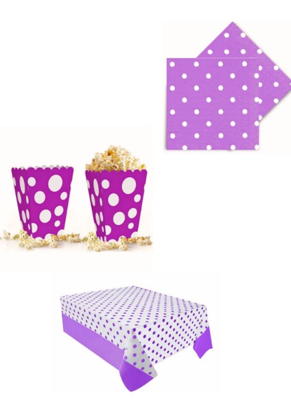 Doğum Günü ve Özel Günler Için Mor Puantiyeli Peçete, Mısır Kutusu ve Masa Örtüsü Seti