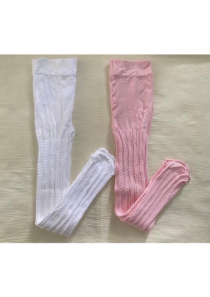 2'li Kız Çocuk Desenli Külotlu Çorap ( 80 Den Orta Kalın Mevsimlik Külotlu Çorap ) Beyaz & Pembe
