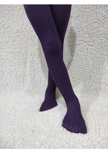 Örgü Desenli Kız Çocuk Orta Kalın Mevsimli Külotlu Çorap - Mor
