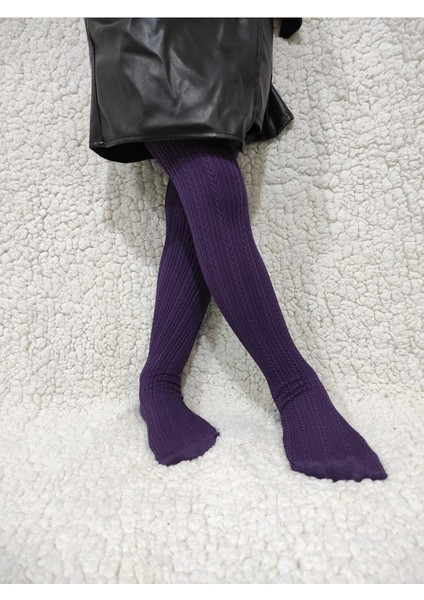 Örgü Desenli Kız Çocuk Orta Kalın Mevsimli Külotlu Çorap - Mor modelleri