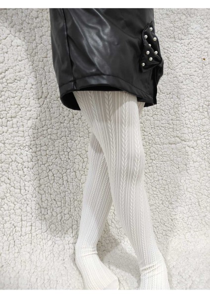 Örgü Desenli Kız Çocuk Orta Kalın Mevsimli Külotlu Çorap - Vanilya indirimleri