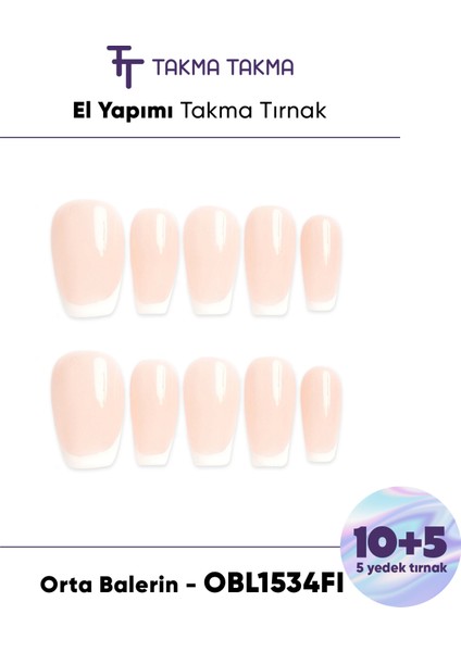 15'li Ten Rengi Orta Balerin OBL1534FI Tekrar Kullanılabilir El Yapımı Protez Takma Tırnak - Ten Rengi-XS